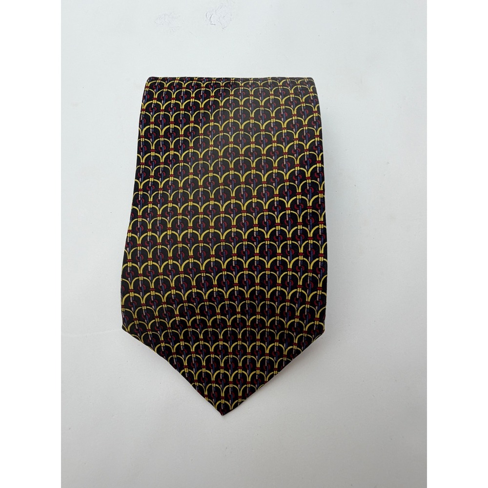 Aniva by Steven Land Mens Silk Necktie Black Yellow Geometric Chain Link Pattern